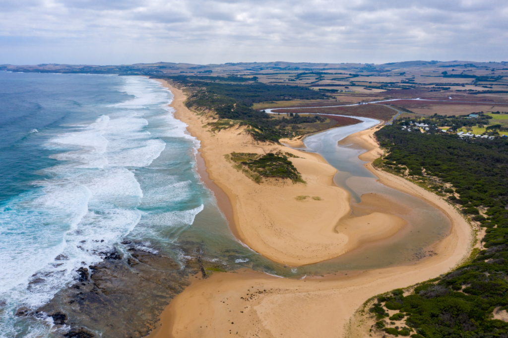 An aerial view of the Powlett River Mouth and the coastline