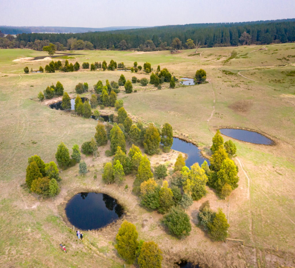 An aerial photo of the Perry River, Chain of Ponds formation on a farm near Stratford