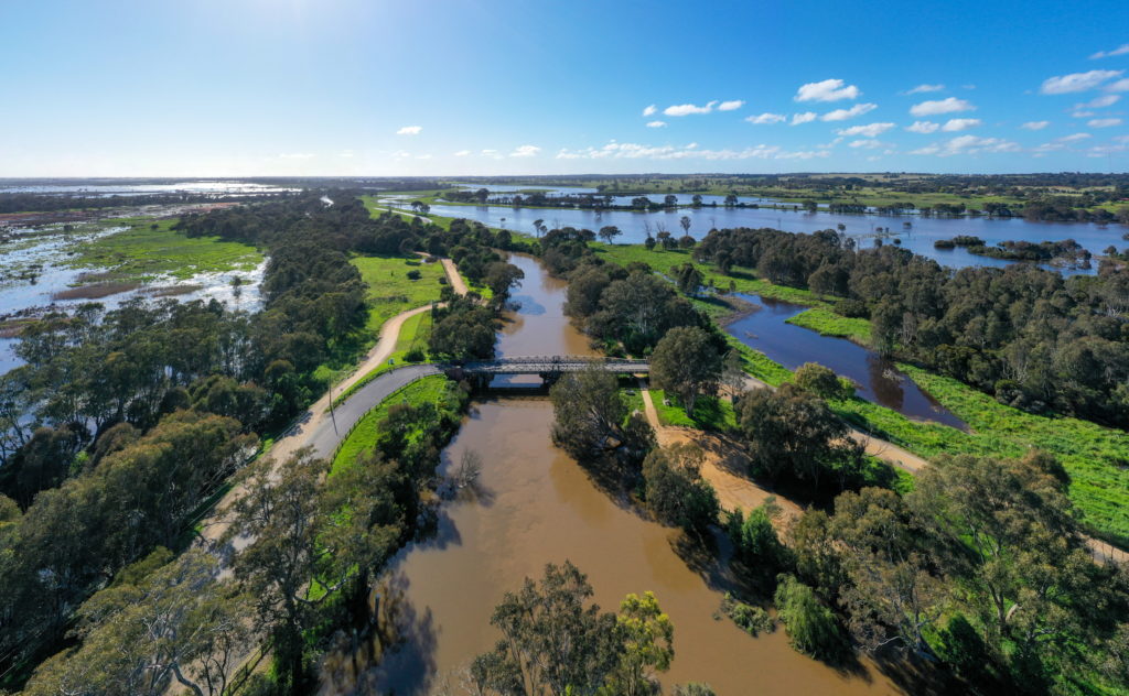 An aerial view of the Sale Wetlands looking down the Latrobe River near the swing bridge