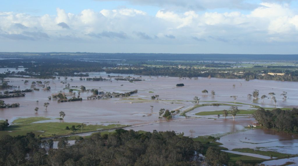 An aerial view of flooding waterways in the Sale-Secombe are aof Gippsland