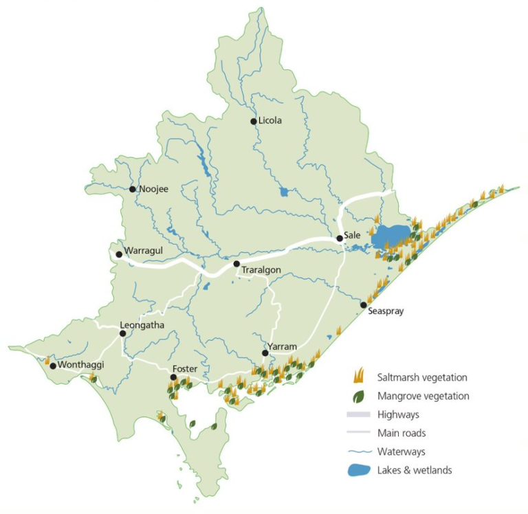 A map showing the extent of coastal vegetation in the West Gippsland Catchment Management region