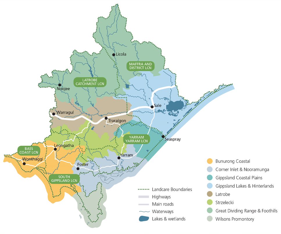 A map showing the Landcare boundaries in the West Gippsland Catchment Management Authority region