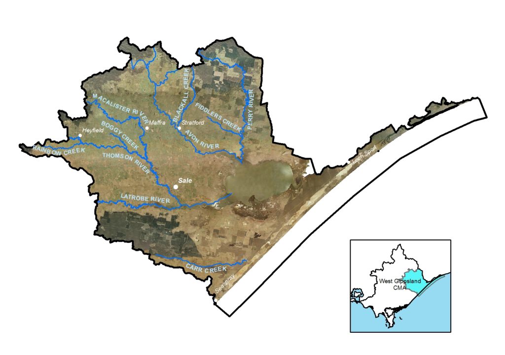 A map showing the Gippsland Lakes and Hinterland local area in the West Gippsland Catchment Management Authority region