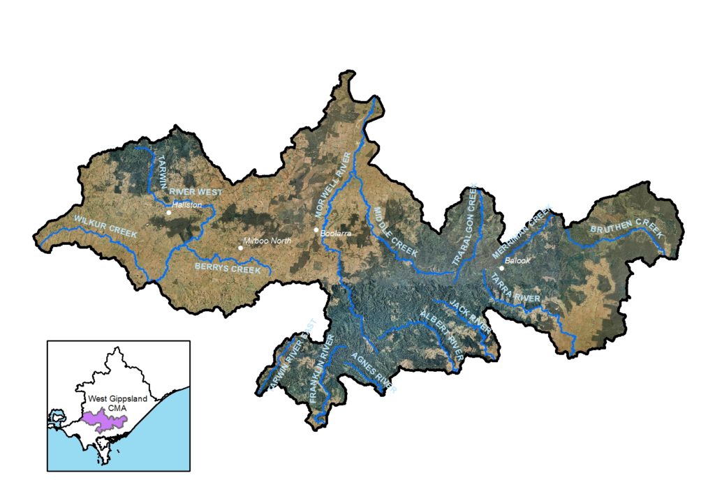 A map showing the Strzelecki local area in the West Gippsland Catchment Management Authority region